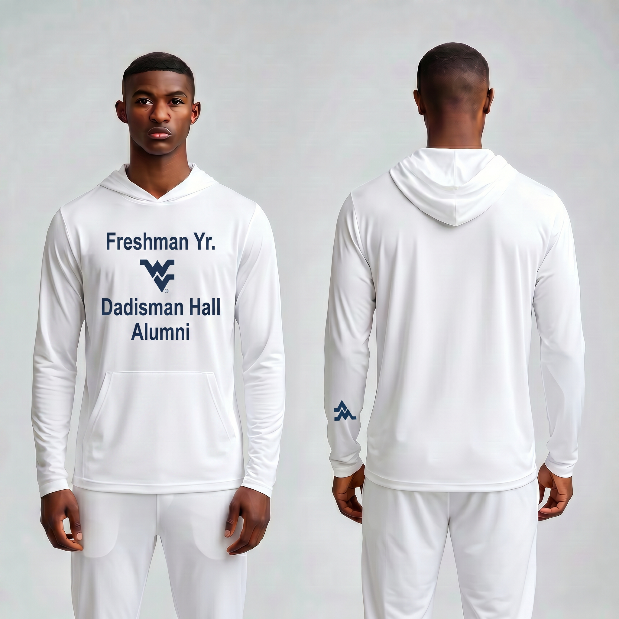 Licensed WVU White Cooling Performance Hooded Long Sleeve Tee (Men’s/Unisex) | “Freshman Yr. Dadisman Hall Alumni” | Spring/Summer Collection | Sassy Foot Fashion