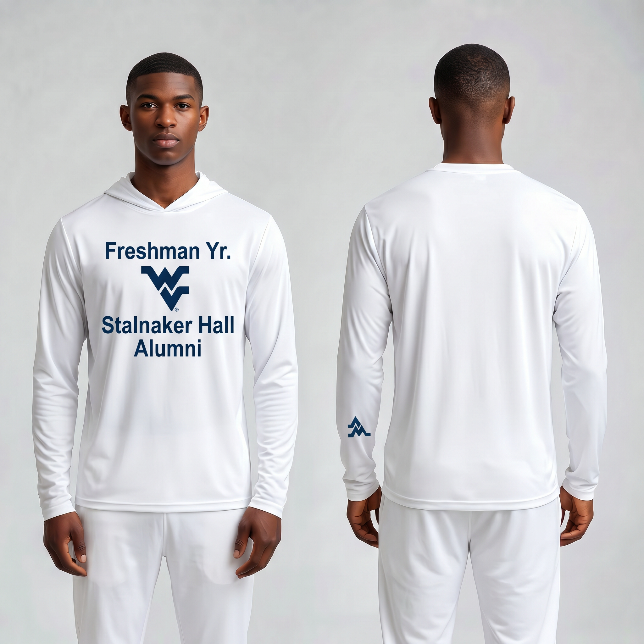 Licensed WVU White Cooling Performance Hooded Long Sleeve Tee (Men’s/Unisex) | “Freshman Yr. Stalnaker Hall Alumni” | Spring/Summer Collection | Sassy Foot Fashion