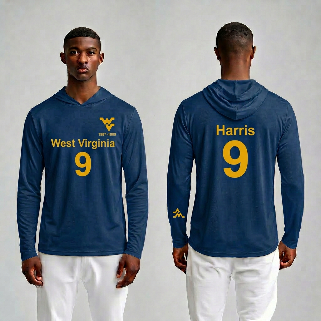 Licensed WVU Blue Cooling Performance Hooded Long Sleeve Tee (Men’s/Unisex) | “Major Harris” | Spring/Summer Collection | Sassy Foot Fashion
