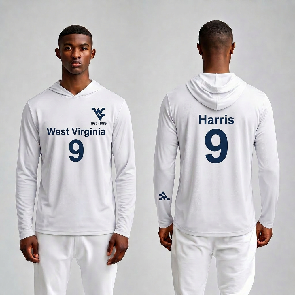 Licensed WVU White Cooling Performance Hooded Long Sleeve Tee (Men’s/Unisex) | “Major Harris” | Spring/Summer Collection | Sassy Foot Fashion