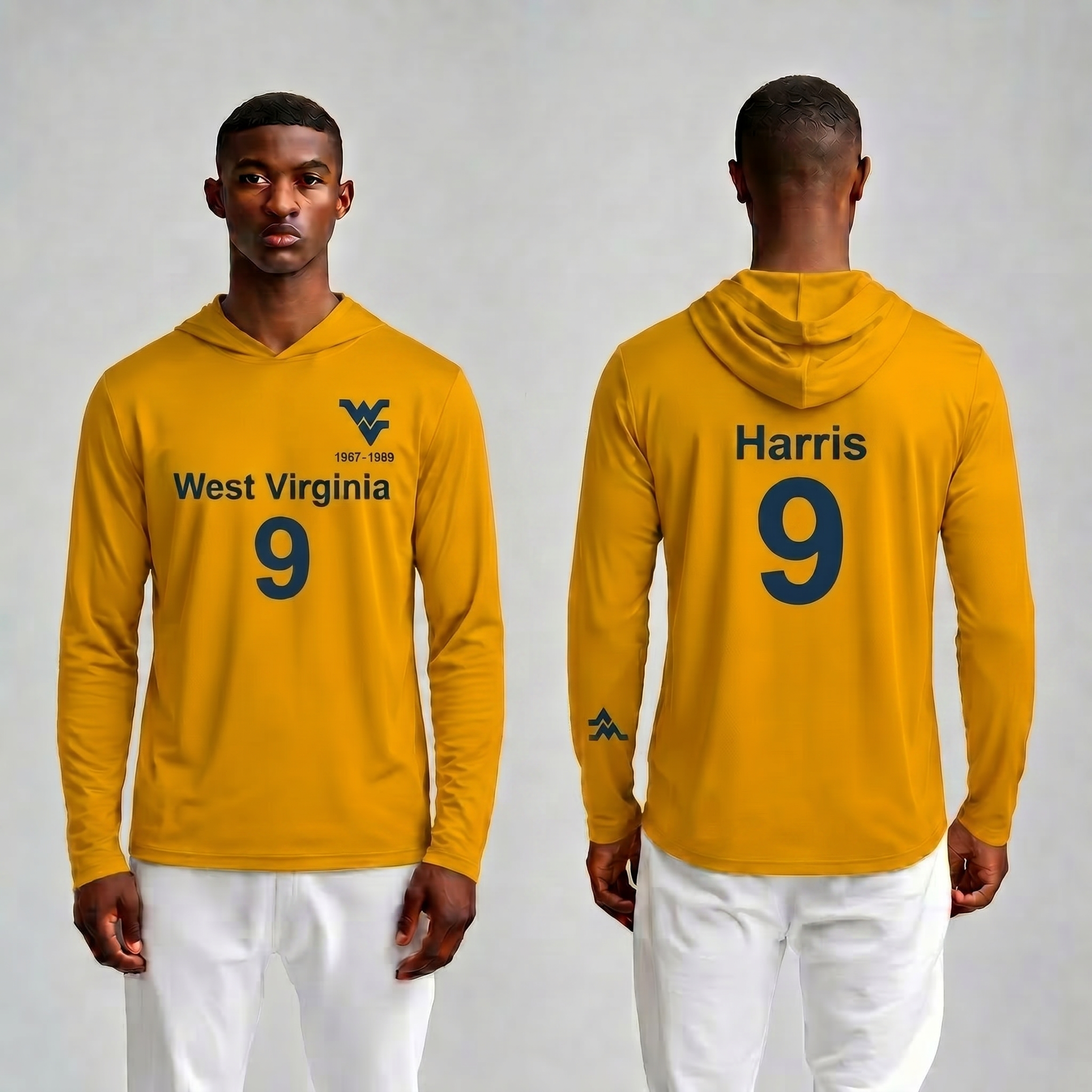 Licensed WVU Gold Cooling Performance Hooded Long Sleeve Tee (Men’s/Unisex) | “Major Harris” | Spring/Summer Collection | Sassy Foot Fashion