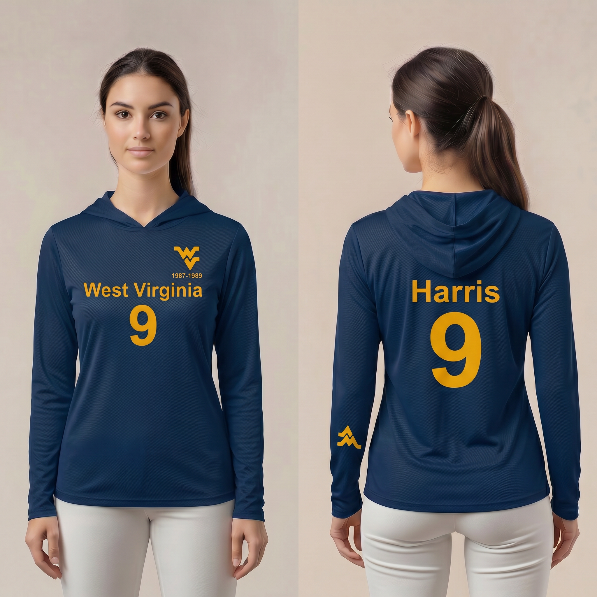 Licensed WVU Blue Cooling Performance Hooded Long Sleeve Tee (Women’s/Unisex) | “Major Harris” | Spring/Summer Collection | Sassy Foot Fashion