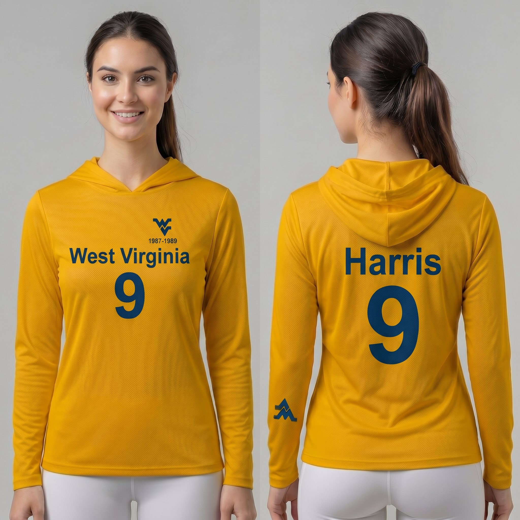 Licensed WVU Gold Cooling Performance Hooded Long Sleeve Tee (Women’s/Unisex) | “Major Harris” | Spring/Summer Collection | Sassy Foot Fashion