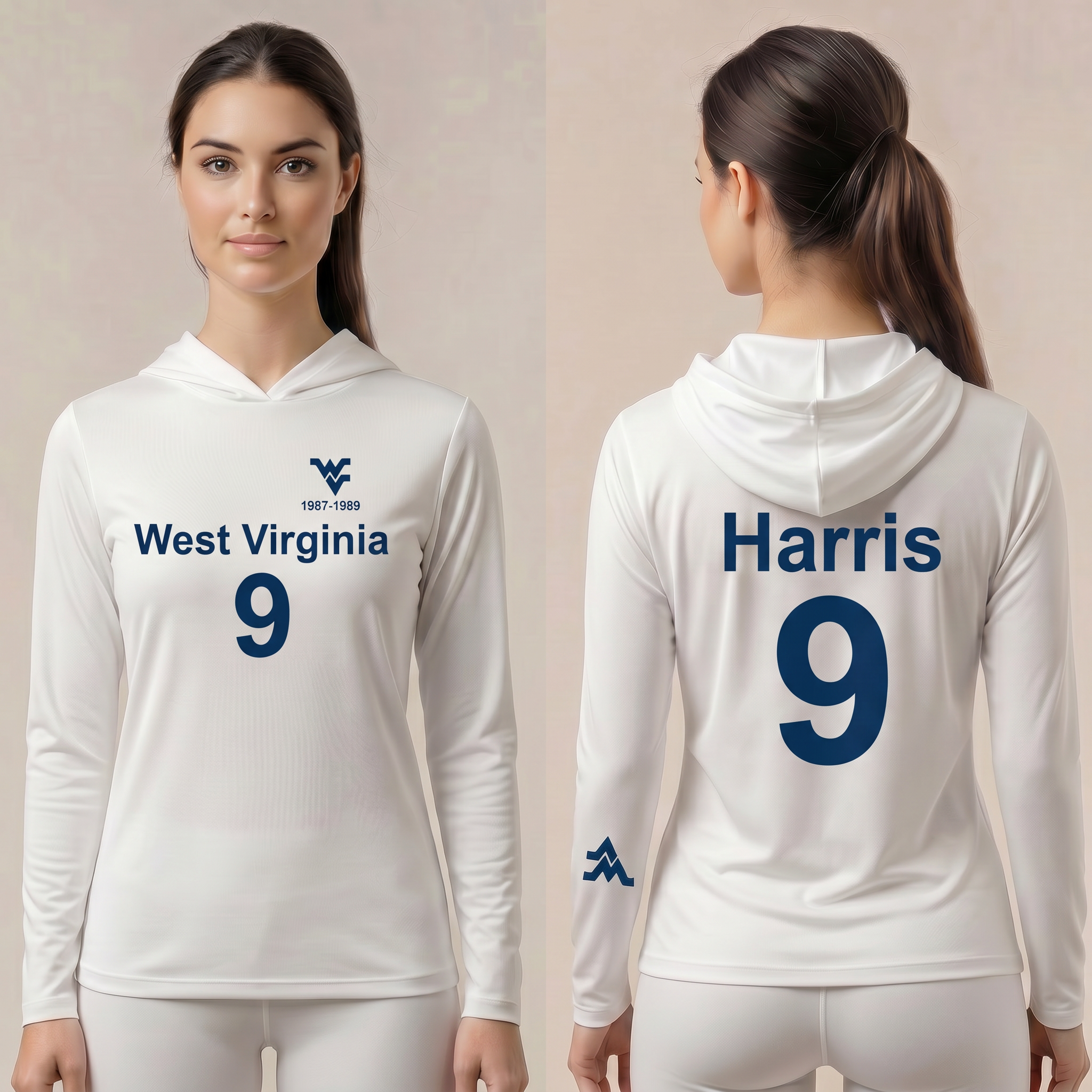 Licensed WVU White Cooling Performance Hooded Long Sleeve Tee (Women’s/Unisex) | “Major Harris” | Spring/Summer Collection | Sassy Foot Fashion