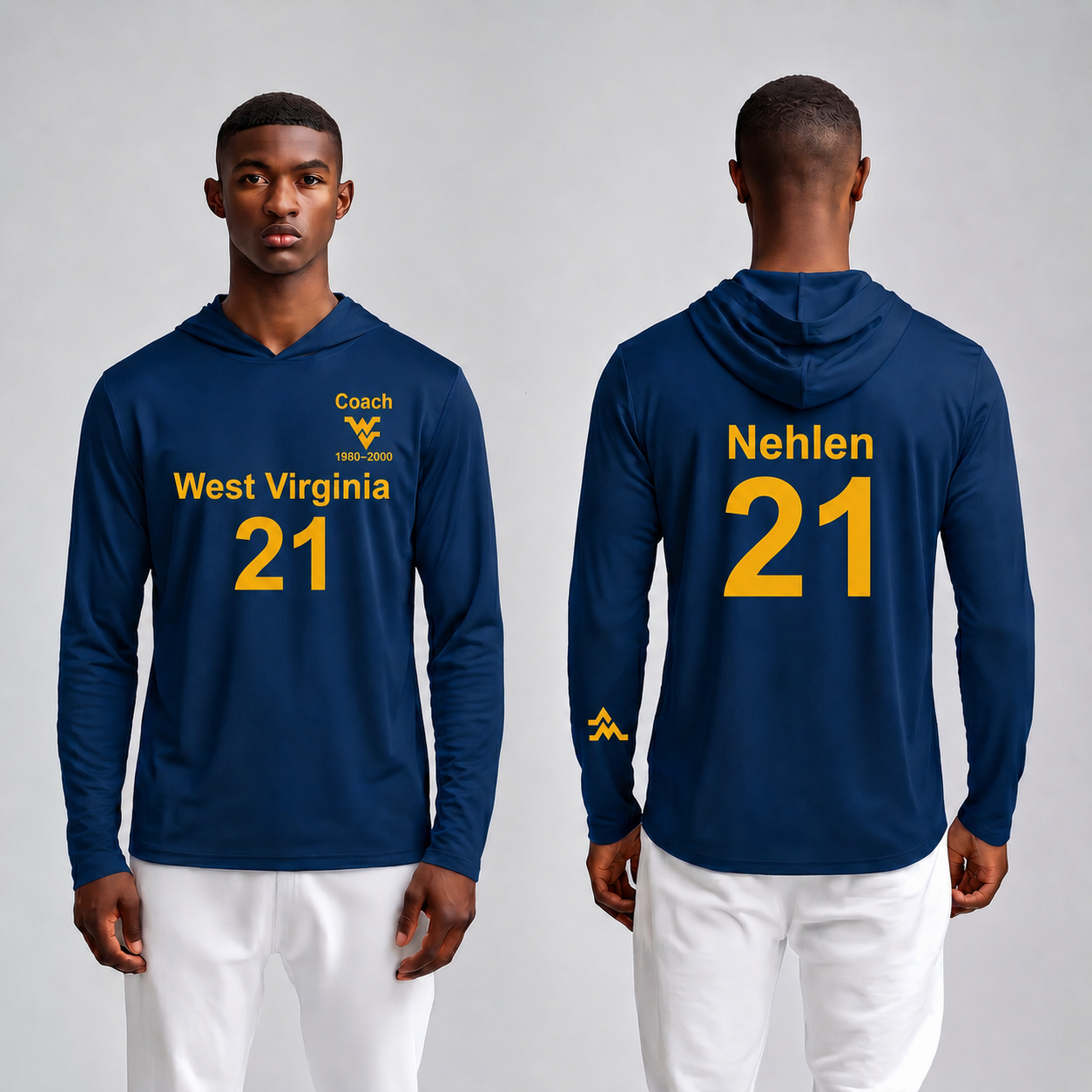 Licensed WVU Blue Cooling Performance Hooded Long Sleeve Tee (Men’s/Unisex) | “Don Nehlen” | Spring/Summer Collection | Sassy Foot Fashion