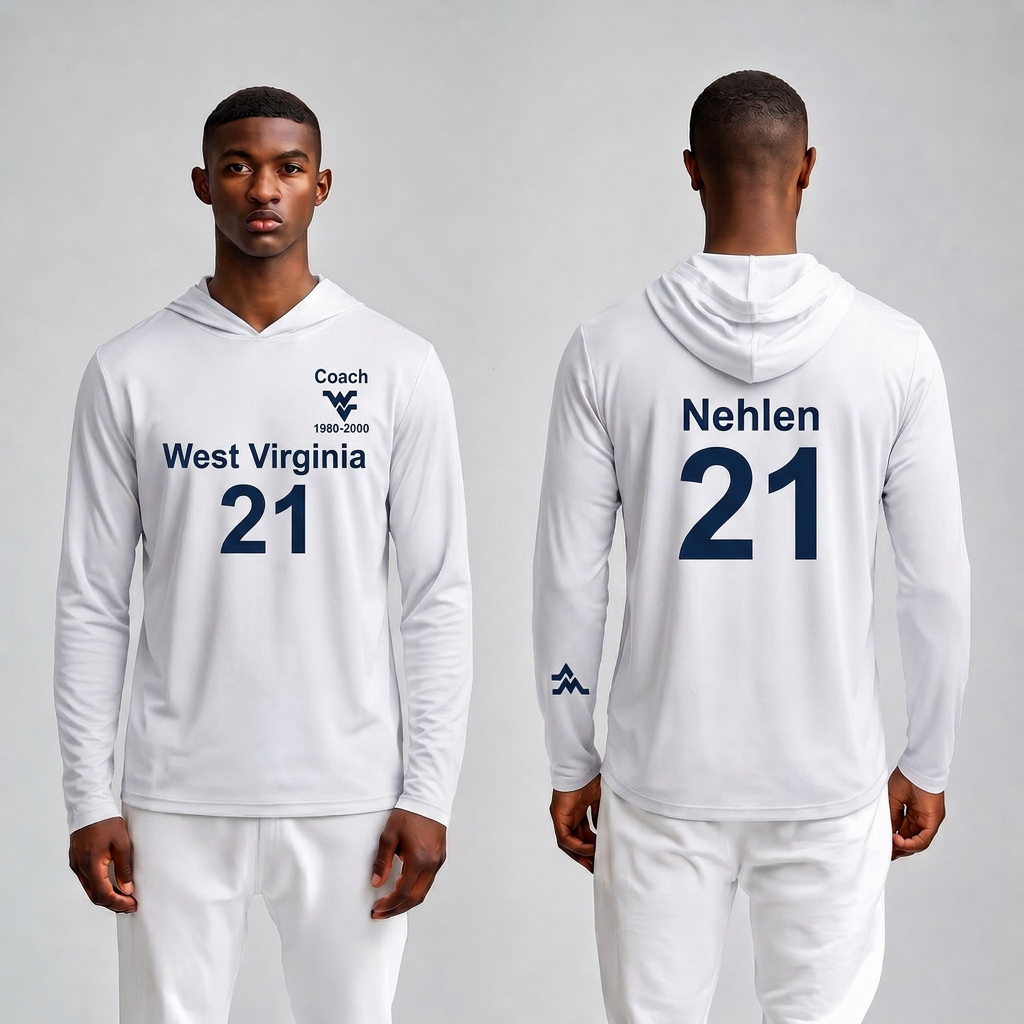 Licensed WVU White Cooling Performance Hooded Long Sleeve Tee (Men’s/Unisex) | “Don Nehlen” | Spring/Summer Collection | Sassy Foot Fashion