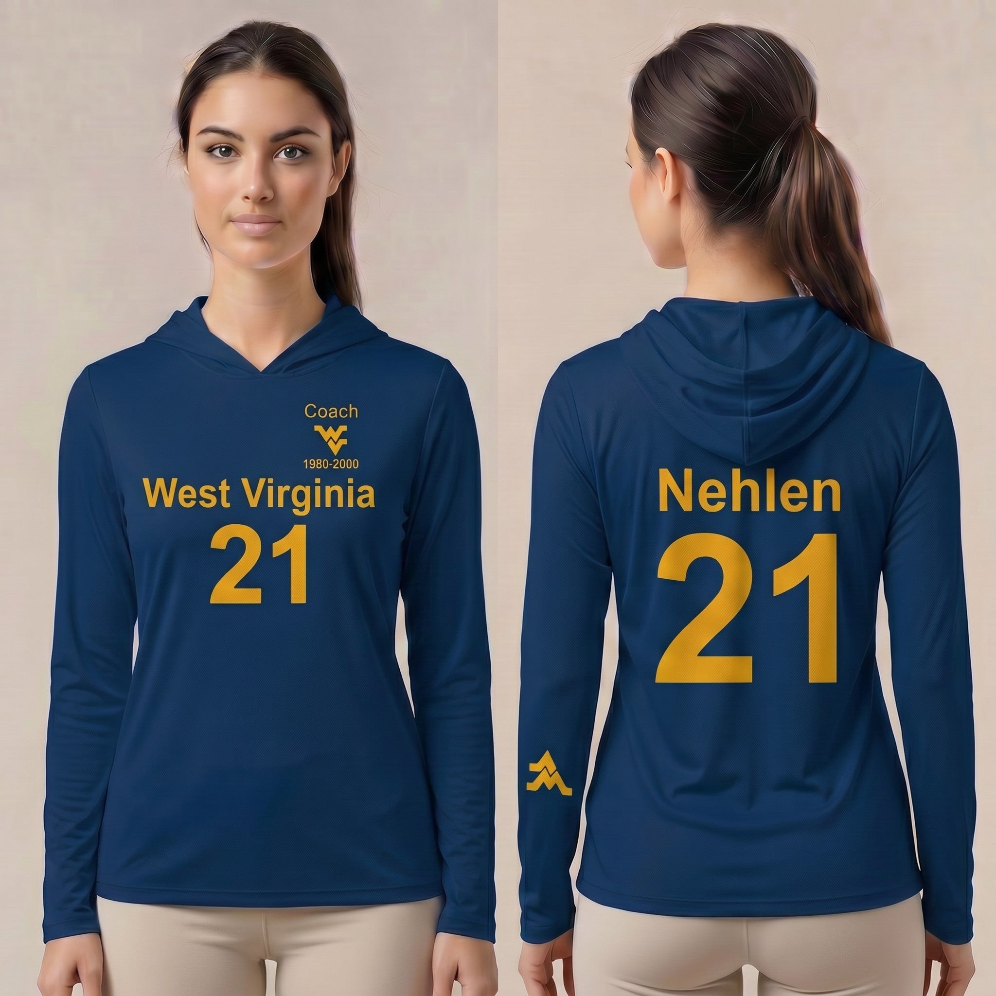 Licensed WVU Blue Cooling Performance Hooded Long Sleeve Tee (Women’s/Unisex) | “Don Nehlen” | Spring/Summer Collection | Sassy Foot Fashion