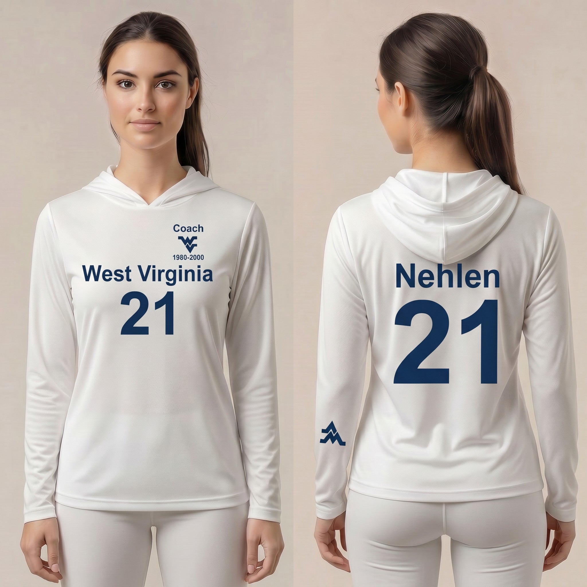 Licensed WVU White Cooling Performance Hooded Long Sleeve Tee (Women’s/Unisex) | “Don Nehlen” | Spring/Summer Collection | Sassy Foot Fashion