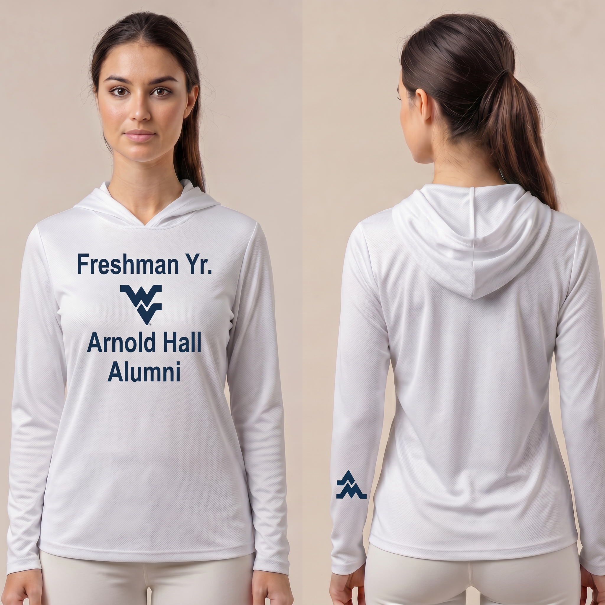 Licensed WVU White Cooling Performance Hooded Long Sleeve Tee (Women’s/Unisex) | “Freshman Yr. Arnold Hall Alumni” | Spring/Summer Collection | Sassy Foot Fashion