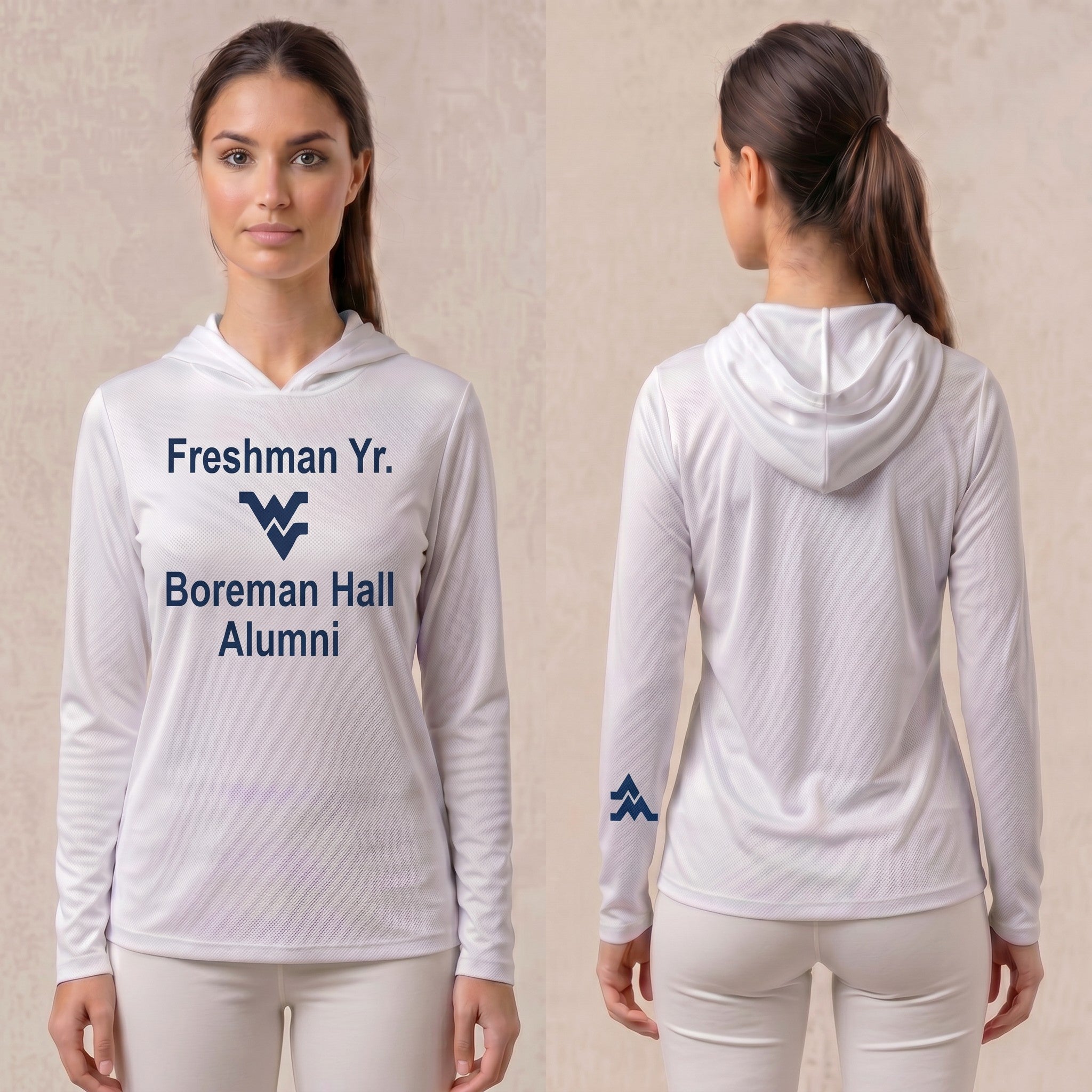 Licensed WVU White Cooling Performance Hooded Long Sleeve Tee (Women’s/Unisex) | “Freshman Yr. Boreman Hall Alumni” | Spring/Summer Collection | Sassy Foot Fashion