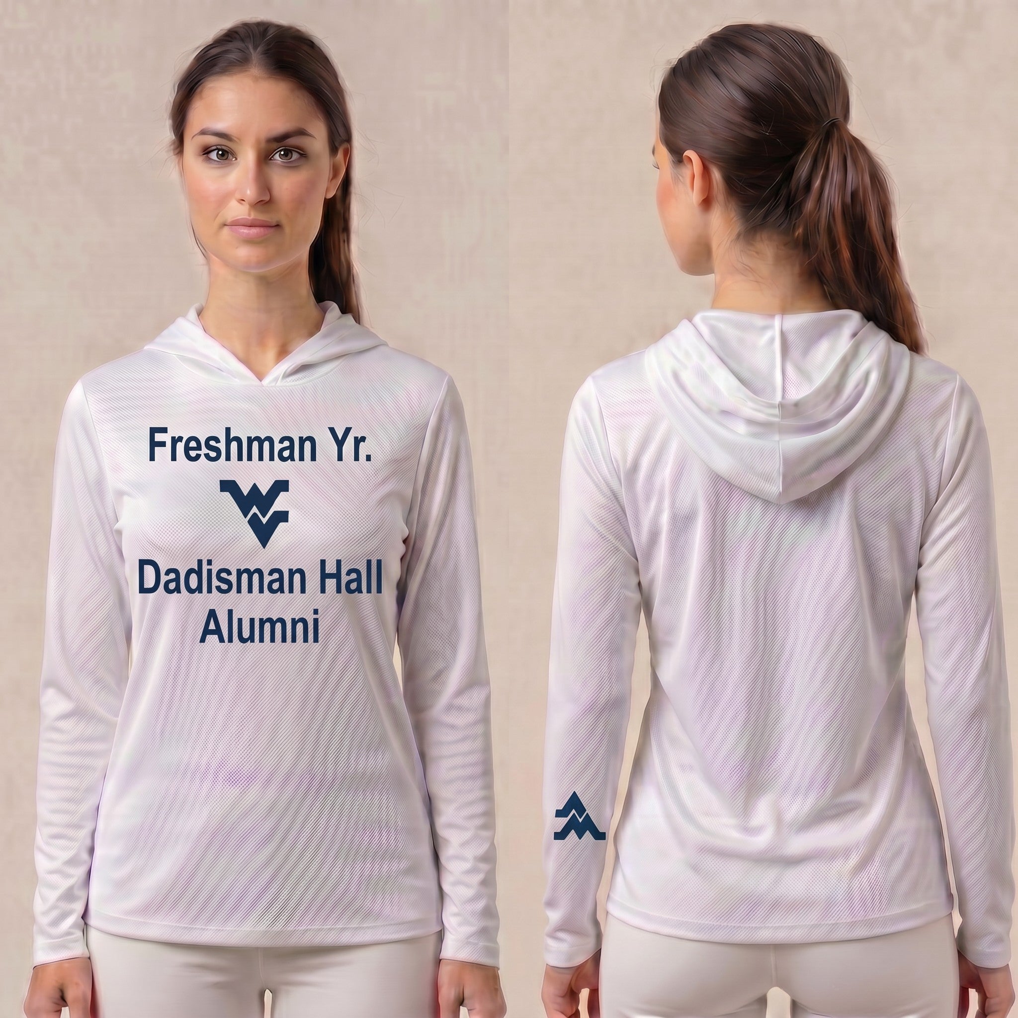 Licensed WVU White Cooling Performance Hooded Long Sleeve Tee (Women’s/Unisex) | “Freshman Yr. Dadisman Hall Alumni” | Spring/Summer Collection | Sassy Foot Fashion