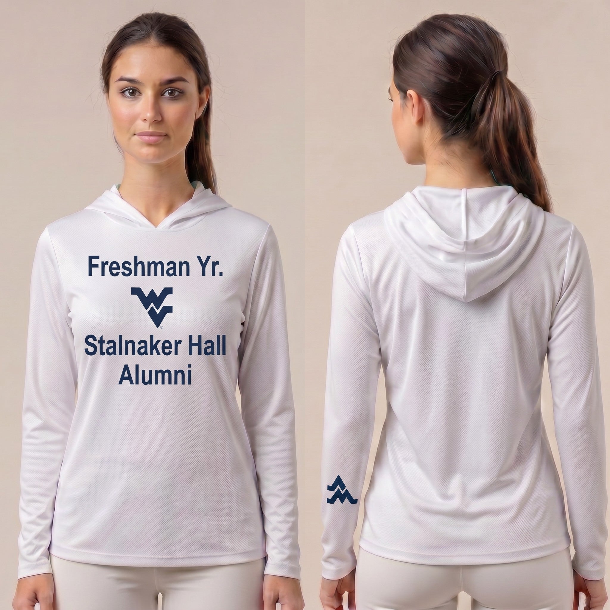 Licensed WVU White Cooling Performance Hooded Long Sleeve Tee (Women’s/Unisex) | “Freshman Yr. Stalnaker Hall Alumni” | Spring/Summer Collection | Sassy Foot Fashion