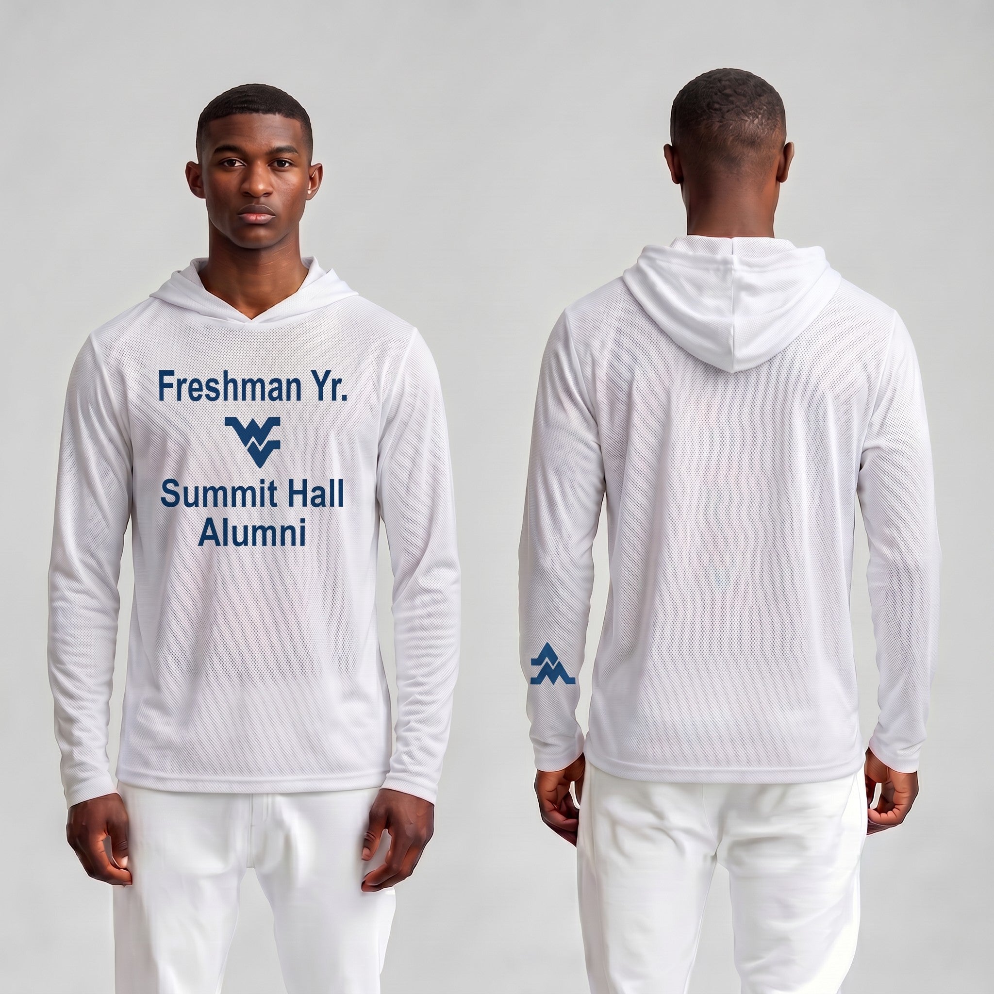 Licensed WVU White Cooling Performance Hooded Long Sleeve Tee (Men’s/Unisex) | “Freshman Yr. Summit Hall Alumni” | Spring/Summer Collection | Sassy Foot Fashion