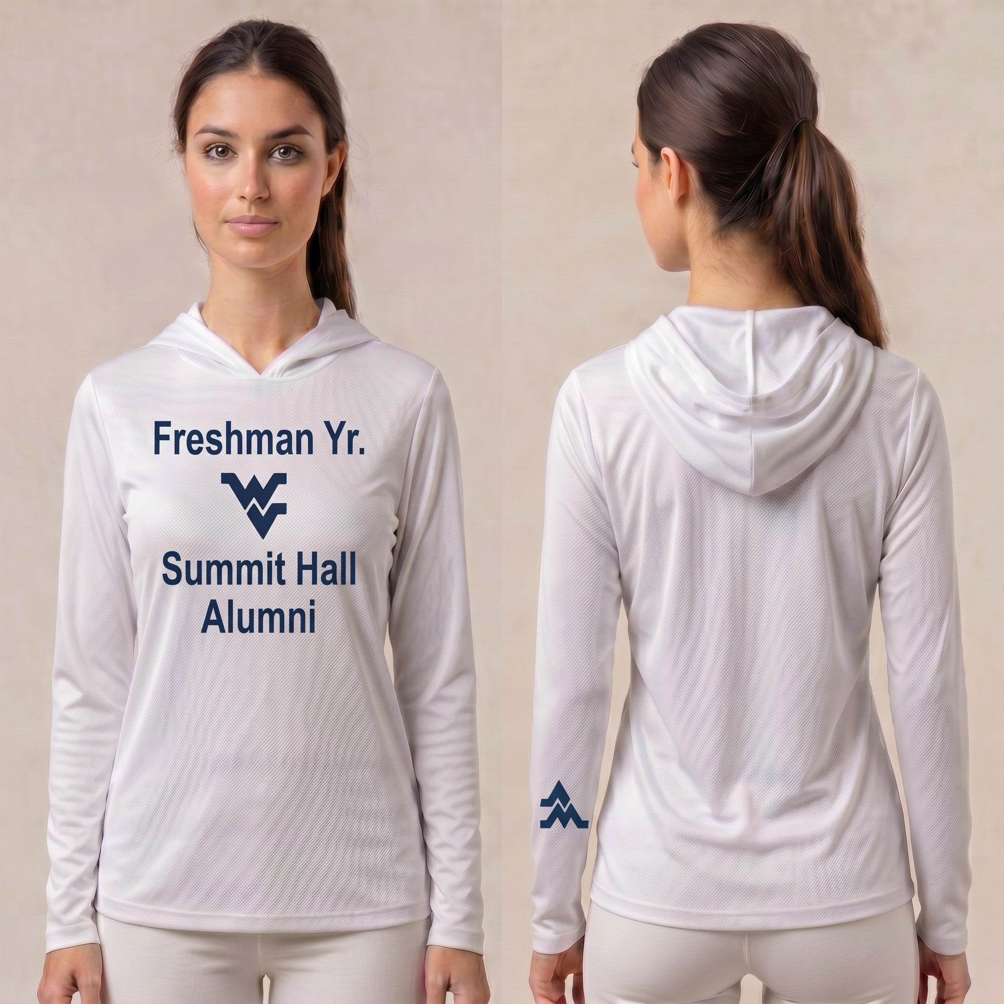 Licensed WVU White Cooling Performance Hooded Long Sleeve Tee (Women’s/Unisex) | “Freshman Yr. Summit Hall Alumni” | Spring/Summer Collection | Sassy Foot Fashion